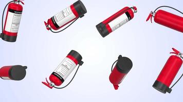 Fire Extinguishers Falling on a Light Blue Background. Control Small Fires. 4K video