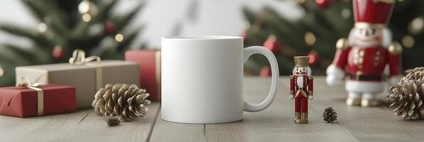 A white mug with a nutcracker on a wooden table photo