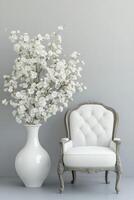 White chair and vase with white flowers on grey background photo
