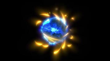 A 3D illustration of a blue and yellow atom in which protons and neutrons increase their speed, heating the atom and causing it to explode. video
