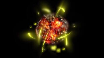 A 3D illustration of a fire-colored atom showing the nucleus with sparkling protons and neutrons. video