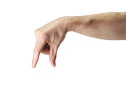A hand pointing to the side with a white background photo
