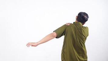 Rear view of man with shoulder pain isolated on white background photo