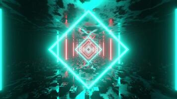 Flying through red-blue neon rhombuses with reflective walls. Loop animation video