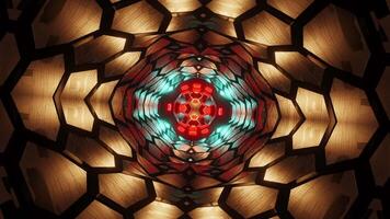 Gold object in circular pattern and blue light. Kaleidoscope VJ loop video