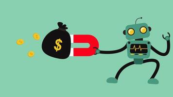 Robot uses a magnet to pull money bags and dollar coins, representing AI-driven income, automated profit, and smart finance in an engaging, non-looping animation. video