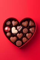 Festive box in the shape of heart with chocolates on a red background. Top view with place for text for Valentine's day, date and other holidays photo