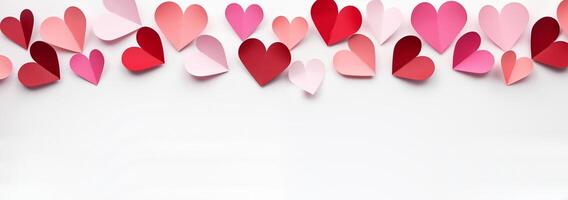 Red paper hearts, valentines on white background. Banner template for Valentine's Day, spring time, romantic messages and invitations for dates and parties with space for text photo