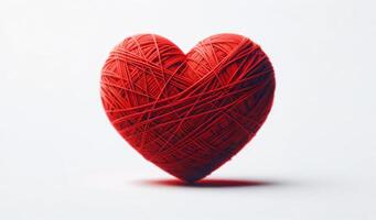 Red knitted heart on white background. Concept template for Valentine's Day, declarations of love, Mother's Day, health care and the fragility of life with copyspace photo