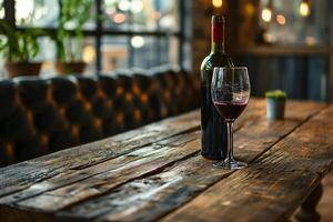 A bottle of red wine and glass of wine on an old wooden table. Front view with copy space and product space. With copy space for your text. Background design, menu, product advertising. photo