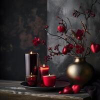 A vase with red candles and a branch of red berries photo