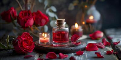 Red candles in a romantic setting on a dark background with red roses. Banner concept about love, for Valentine's day, romantic and mysterious atmosphere, copyspace photo