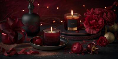 Candle in a romantic setting on a dark background with red roses. Banner concept about love, for Valentine's day, romantic and mysterious atmosphere, copyspace photo