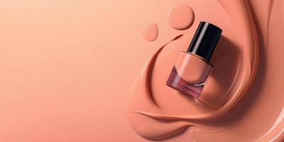 Foundation bottle on a pinkbackground. Concept banner template with space for text. photo