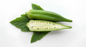 Fresh green okra vegetable isolated on white background for vegan and vegetarian recipes photo