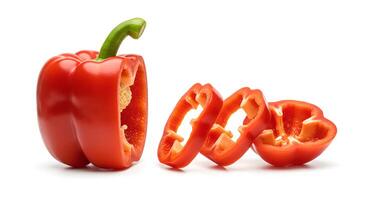 Crisp red bell pepper with green stem isolated on white background for cooking and nutrition content photo