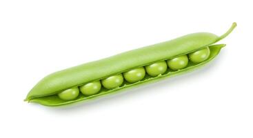 Fresh green peas in open pod isolated on white background for healthy vegetarian food concepts. Organic green pea pods full of round peas on clean white background for vegan and plant-based themes photo