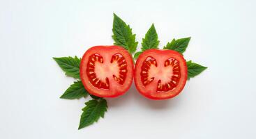 Organic tomato with green stem on white background for vegan and vegetarian recipe illustrations photo