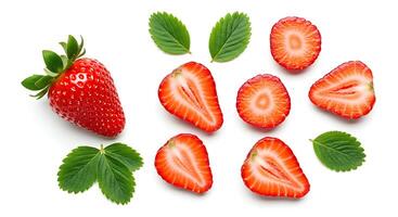 strawberry slices with leaves top view flat lay for summertime isolated on white background with shadow photo