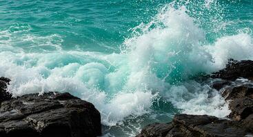 Seaside view with strong waves crashing into rocks closeup perfect for summer vacation promotions photo
