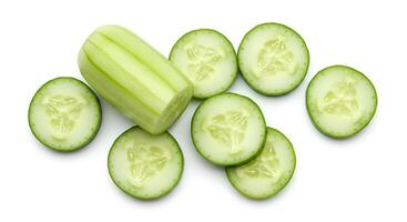 Whole fresh cucumber isolated on white background for healthy eating and vegan food concepts photo