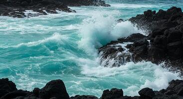 waves crashing on rocks during summertime. Closeup of ocean waves crashing against rocky shoreline during summertime on a sunny day. Sea water splashing on rocks with powerful waves photo