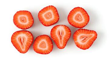 Strawberry fruit isolated on white surface with natural light and shadow for fresh produce advertising and vitamin-rich diet visuals photo