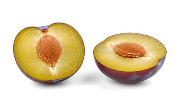 Juicy and vitamin-rich plums isolated on clean white surface with drop shadow for diet-friendly, plant-based meal concepts photo