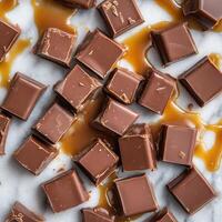 Chocolate squares with caramel drizzled on top photo