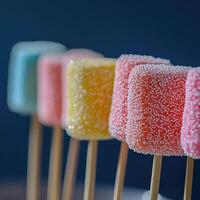 Close up of a row of colorful marshmallows photo