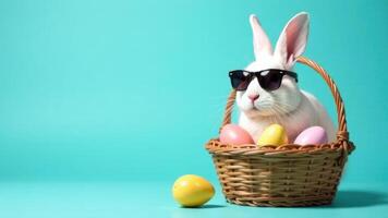 Easter playful white rabbit with sunglasses on blue banner with copy space. Animal relaxes in a wicker basket full of brightly colored Easter eggs on a vibrant turquoise backdrop photo