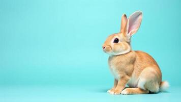 Happy Easter rabbit on blue background with copy space. Animal sits alertly on a smooth surface, showcasing its soft fur and prominent ears against vibrant turquoise backdrop. Banner empty place text. photo