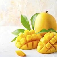Mango with leaves and sliced in half photo