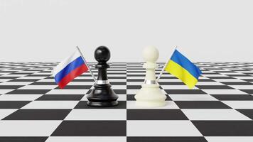 animação do xadrez peças voltado para cada de outros com Rússia e Ucrânia bandeiras em uma tabuleiro de xadrez com branco fundo video