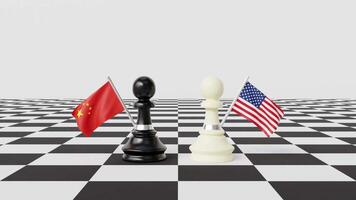 animação do xadrez peças voltado para cada de outros com Unidos estados e China bandeiras em uma tabuleiro de xadrez com branco fundo video
