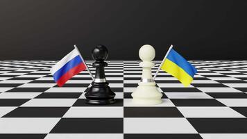 animação do xadrez peças voltado para cada de outros com Rússia e Ucrânia bandeiras em uma tabuleiro de xadrez com Preto fundo video