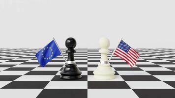 animação do xadrez peças voltado para cada de outros com Unidos estados e europeu União bandeiras em uma tabuleiro de xadrez com branco fundo video