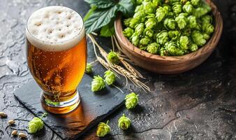 View of the Beer glass with Fresh Hops and Barley photo