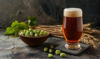 Beer with Fresh Hops and Barley on the table photo