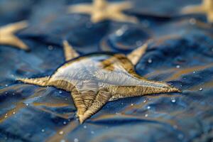 Ultra Detailed Shot of Droplet on Veterans Folded Flag Highlighting Star Reflection photo