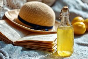 Refreshing Lemonade with Sunhat and Book for Relaxing Summer Atmosphere photo