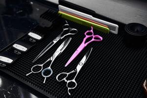 Tools for hairstyling arranged neatly on a workspace mat in a salon photo