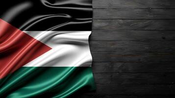 Palestinian flag draped over a dark wooden surface. The flag features a black, white, and green horizontal tricolor with a red triangle on the left side. photo