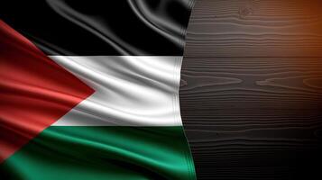 Waving Palestinian flag with a dark wooden background with visible grain texture photo