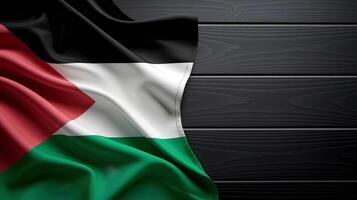 Palestinian flag draped over a dark wooden surface. photo