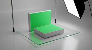 Modern green showcase with glass podium and studio lighting setup photo