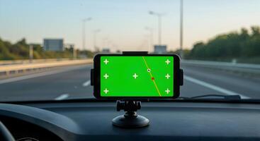 Smartphone with blank screen in car mount during road trip or commute photo