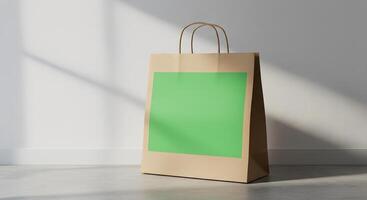 Minimalist brown paper bag with green square on a concrete surface near wall photo