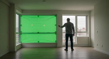 Man stands in an empty apartment with green screen covering part of window photo