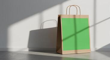 Mockup of a paper bag with a green label against a white wall background photo